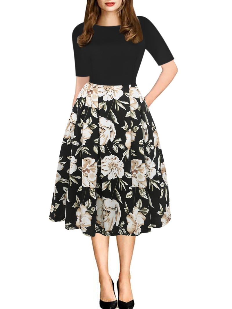 oxiuly Women's Vintage Patchwork Pockets Puffy Swing Casual Party Dress OX165 (Black Khaki, xx_l) - Image 1